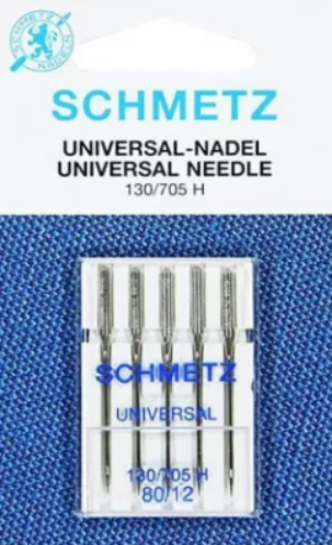Blister de 5 aiguilles SCHMETZ Universal 130/705 H 80/12. Ces aiguilles universelles ont une pointe légèrement arrondie pour coudre sur la plupart des matières de tissus courants. Existe en taille 60/8, 70/10, 80/12, 90/14, 100/16, 110/18, 120/19 ainsi que des packs assortis 70 à 90 ou 70 à 100. Ces aiguilles s’adaptent sur toutes les marques de machines à coudre familiales.