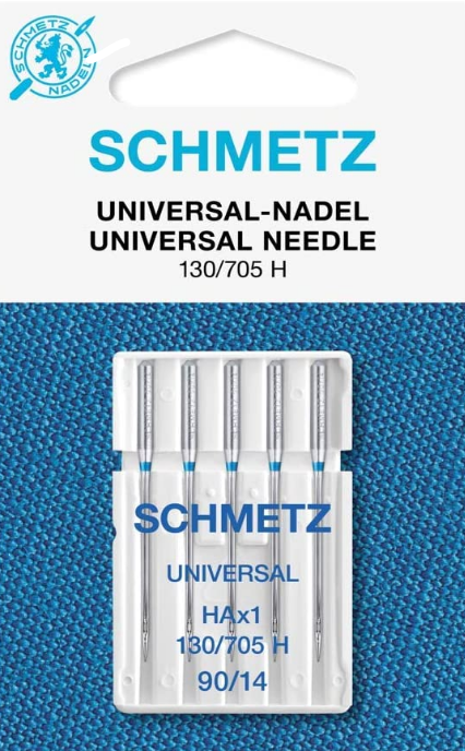 Blister de 5 aiguilles SCHMETZ Universal 130/705 H 90/14. Ces aiguilles universelles ont une pointe légèrement arrondie pour coudre sur bien des matières de tissus courants. Existe en taille 60/8, 70/10, 80/12, 90/14, 100/16, 110/18, 120/19 ainsi que des packs assortis 70 à 90 ou 70 à 100. Ces aiguilles s’adaptent sur toutes les marques de machines à coudre familiales.