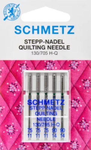 Diamètre 3x75 et 2x90. Blister de 5 aiguilles machine assorties "Spécial Quilting" SCHMETZ Avec pointe particulièrement fine et légèrement arrondie qui perfore facilement les couches épaisses et denses, sans abîmer la matière. Pour travaux de piquages comme par exemple le quilting ou le patchwork. HAUTE QUALITE