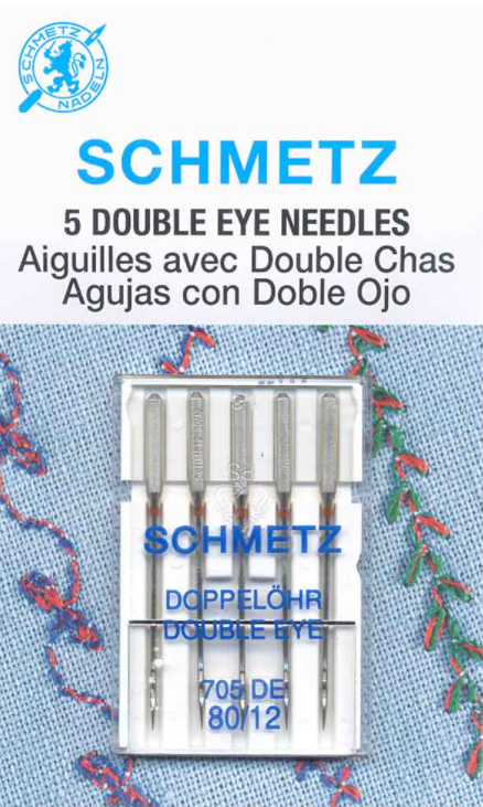 Blister de 5 aiguilles SCHMETZ "DOUBLE CHAS" qui sont dotées de deux chas l'un au dessus de l'autre, pour coutures décoratives avec fils à effet. HAUTE QUALITE DIAMETRE 80