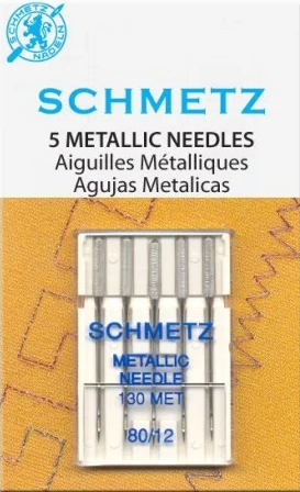 Blister de 5 aiguilles SCHMETZ spécial fils métalliques. Pour le travail avec du fil spécial et à effet décoratif, particulièrement pour le fil métallique. Ces aiguilles s'adaptent à toutes les machines à coudre modernes, quelle que soit la marque. HAUTE QUALITE DIAMETRE 80