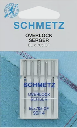Diamètre 90. Blister de 5 aiguilles SCHMETZ machine conçues spécifiquement pour les surjeteuses et les recouvreuses. Matière chromée pour des aiguilles plus résistantes. HAUTE QUALITE