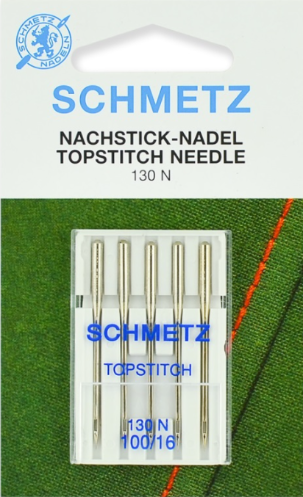 Diamètre 100. Blister de 5 aiguilles SCHMETZ à surpiquer grâce à son chas particulièrement long (2 mm dans toutes les grosseurs), idéal à la couture au point droit. Cette aiguille est destinée aux broderies de retouche, pour des coutures décoratives et surpiqûres avec plusieurs fils à coudre. HAUTE QUALITE