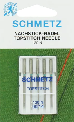 Diamètre 90. Blister de 5 aiguilles SCHMETZ à surpiquer grâce à son chas particulièrement long (2 mm dans toutes les grosseurs), idéal à la couture au point droit. Cette aiguille est destinée aux broderies de retouche, pour des coutures décoratives et surpiqûres avec plusieurs fils à coudre.