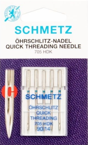 Diamètre 90. 5 aiguilles SCHMETZ machine à enfilage facile. Aiguilles universelles avec une petite fente sur le côté du chas de l'aiguille qui laisse glisser le fil dans le chas. Particulièrement adaptée pour faciliter l'entrée du fil dans le chas de l'aiguille. HAUTE QUALITE