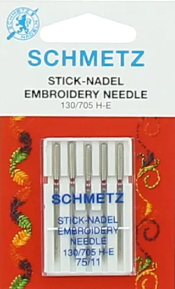 Diamètre 75. Blister de 5 aiguilles SCHMETZ à broder spécial machine Avec petite pointe à bille et chas élargi. Pour la broderie et matières serrées et denses. HAUTE QUALITE