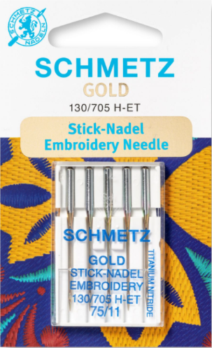 Diamètre 75. Blister de 5 aiguille SCHMETZ à broder machine GOLD finition en titane plus résistantes.Avec petite pointe à bille et chas élargi. Le recouvrement en nitrure de titane assure à l'aiguille une résistance plus élevée à l'usure lors des coutures avec beaucoup de points et réduit l'encrassement de l'aiguille. Pour la broderie et matières serrées et denses.HAUTE QUALITE