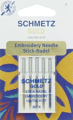 Blister de 5 aiguilles SCHMETZ à broder machine GOLD finition en titane plus résistantes.Avec petite pointe à bille et chas élargi. Le recouvrement en nitrure de titane assure à l'aiguille une résistance plus élevée à l'usure lors des coutures avec beaucoup de points et réduit l'encrassement de l'aiguille. Pour la broderie et matières serrées et denses. DIAMETRE 90