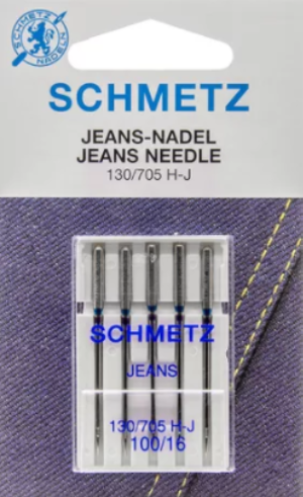 Blister de 5 aiguilles SCHMETZ machine "spécial jeans" La pointe à bille moyenne pénètre plus facilement les tissus épais et serrés sans abîmer la matière. La tige renforcée dévie moins et réduit le risque de points de manque et de casses d'aiguilles. Pour le Denim (jeans) et matières semblables très serrées. HAUTE QUALITE