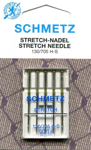 Diamètre 90. Blister de 5 aiguilles SCHMETZ Stretch 130/705 HS Aiguilles pour tissu stretch, matières élastiques et tissus à mailles hautement élastiques S'adapte sur toutes les marques de machines à coudre type familiale. Un coté plat, un côté bombé.