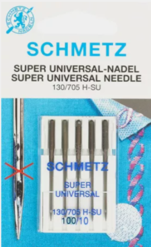 Diamètre 100 super universelle. Conçue spécifiquement pour les utilisations de supports autocollants (comme les stabilisateurs de broderie), de ruban auto-agrippant qui génèrent des résidus de colle abîmant la pointe d'aiguilles classique. Grâce à un enrobage lubrifiant et anti-adhésif, cela diminue les résidus de colle et vous permet de coudre sans problème ces matériaux difficiles. Grâce à une forme légèrement arrondie de l'aiguille, celle-ci peut être utilisée pour la couture de toutes les matières.