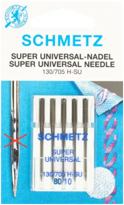 Diamètre 80 super universelle. Conçue spécifiquement pour les utilisations de supports autocollants (comme les stabilisateurs de broderie), de ruban auto-agrippant qui génèrent des résidus de colle abîmant la pointe d'aiguilles classique. Grâce à un enrobage lubrifiant et anti-adhésif, cela diminue les résidus de colle et vous permet de coudre sans problème ces matériaux difficiles. Grâce à une forme légèrement arrondie de l'aiguille, celle-ci peut être utilisée pour la couture de toutes les matières.