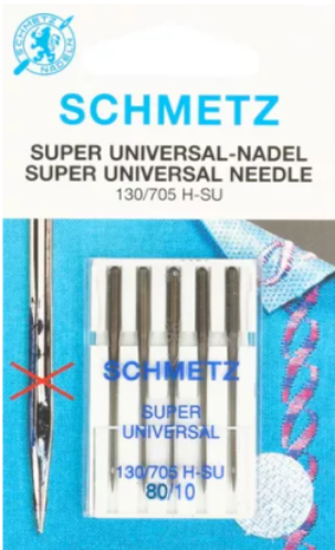 Diamètre 80 super universelle. Conçue spécifiquement pour les utilisations de supports autocollants (comme les stabilisateurs de broderie), de ruban auto-agrippant qui génèrent des résidus de colle abîmant la pointe d'aiguilles classique. Grâce à un enrobage lubrifiant et anti-adhésif, cela diminue les résidus de colle et vous permet de coudre sans problème ces matériaux difficiles. Grâce à une forme légèrement arrondie de l'aiguille, celle-ci peut être utilisée pour la couture de toutes les matières.