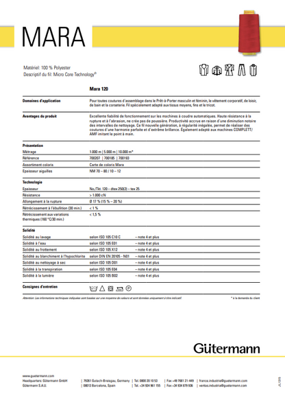 Fil Gutermann MARA 120  Fusette de 1000 mètres - Qualité industrielle