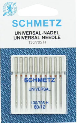 Plaquette de 10 aiguilles SCHMETZ Universal 130/705 H 80/12. Ces aiguilles universelles ont une pointe légèrement arrondie pour coudre sur la plupart des matières de tissus courants. Existe en taille 60/8, 70/10, 80/12, 90/14, 100/16, 110/18, 120/19 ainsi que des packs assortis 70 à 90 ou 70 à 100. Ces aiguilles s’adaptent sur toutes les marques de machines à coudre familiales. DIAMETRE 80