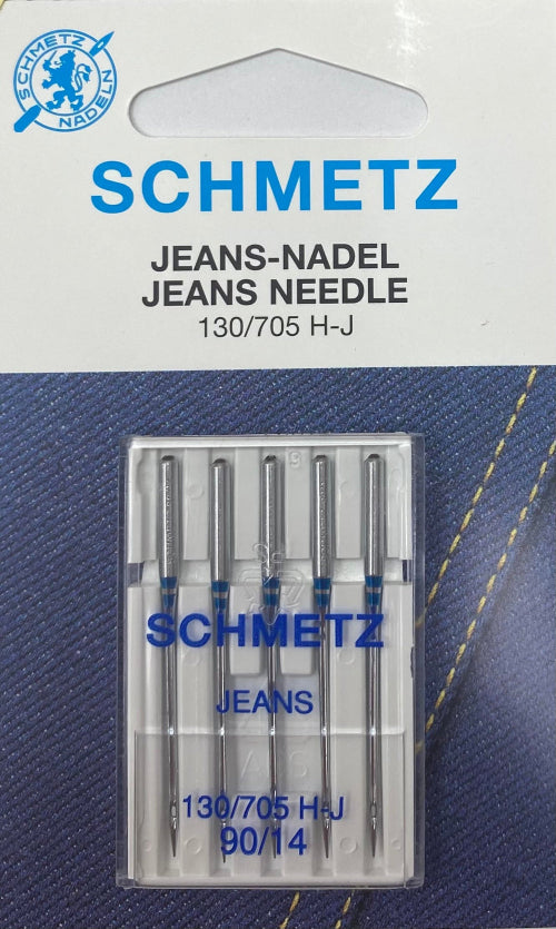 Blister de 5 aiguilles SCHMETZ machine "spécial jeans" La pointe à bille moyenne pénètre plus facilement les tissus épais et serrés sans abîmer la matière. La tige renforcée dévie moins et réduit le risque de points de manque et de casses d'aiguilles. Pour le Denim (jeans) et matières semblables très serrées. HAUTE QUALITE