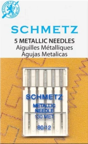 Blister de 5 aiguilles SCHMETZ  spécial fils métalliques. Pour le travail avec du fil spécial et à effet décoratif, particulièrement pour le fil métallique. Ces aiguilles s'adaptent à toutes les machines à coudre modernes, quelle que soit la marque.  HAUTE QUALITE DIAMETRE 80