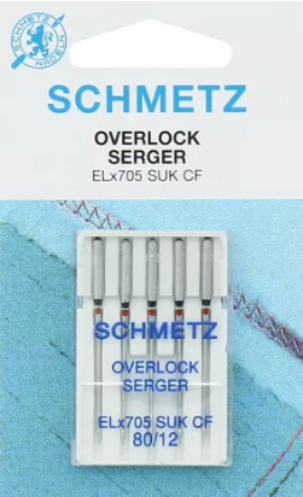 Blister de 5 aiguilles SCHMETZ Diamètre 80  conçues spécifiquement pour les surjeteuses et les recouvreuses. " Spécial maille " Matière chromée pour des aiguilles plus résistantes. HAUTE QUALITE