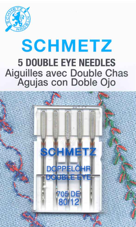 Blister de 5 aiguilles SCHMETZ "DOUBLE CHAS" qui sont dotées de deux chas l'un au dessus de l'autre, pour coutures décoratives avec fils à effet.  HAUTE QUALITE DIAMETRE 80