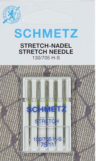 Blister de 5 aiguilles SCHMETZ Stretch 130/705 HS Aiguilles pour tissu stretch, matières élastiques et tissus à mailles hautement élastiques S'adapte sur toutes les marques de machines à coudre type familiale.  Un coté plat, un côté bombé.