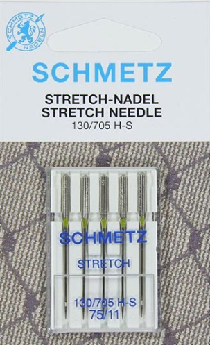 Blister de 5 aiguilles SCHMETZ Stretch 130/705 HS Aiguilles pour tissu stretch, matières élastiques et tissus à mailles hautement élastiques S'adapte sur toutes les marques de machines à coudre type familiale.  Un coté plat, un côté bombé.
