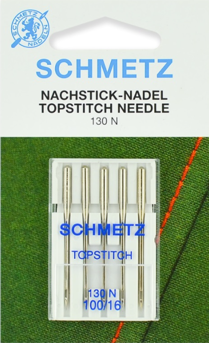 Diamètre 100. Blister de 5 aiguilles SCHMETZ à surpiquer grâce à son chas particulièrement long (2 mm dans toutes les grosseurs), idéal à la couture au point droit. Cette aiguille est destinée aux broderies de retouche, pour des coutures décoratives et surpiqûres avec plusieurs fils à coudre.  HAUTE QUALITE