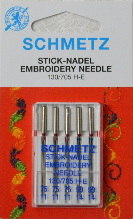 Diamètre 3x75 et 2x90. Blister de 5 aiguilles SCHMETZ à broder spécial machine Avec petite pointe à bille et chas élargi. Pour la broderie et matières serrées et denses. HAUTE QUALITE