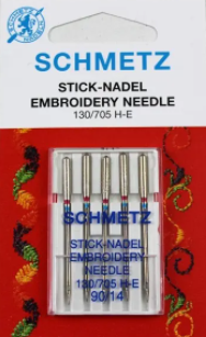 Diamètre 90. Blister de 5 aiguilles SCHMETZ à broder spécial machine Avec petite pointe à bille et chas élargi. Pour la broderie et matières serrées et denses. HAUTE QUALITE