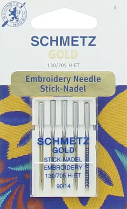 Blister de 5 aiguilles SCHMETZ à broder machine GOLD finition en titane plus résistantes.Avec petite pointe à bille et chas élargi. Le recouvrement en nitrure de titane assure à l'aiguille une résistance plus élevée à l'usure lors des coutures avec beaucoup de points et réduit l'encrassement de l'aiguille. Pour la broderie et matières serrées et denses. DIAMETRE 90