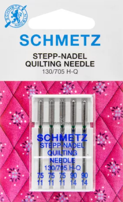 Diamètre 3x75 et 2x90. Blister de 5 aiguilles machine assorties "Spécial Quilting" SCHMETZ  Avec pointe particulièrement fine et légèrement arrondie qui perfore facilement les couches épaisses et denses, sans abîmer la matière. Pour travaux de piquages comme par exemple le quilting ou le patchwork. HAUTE QUALITE   